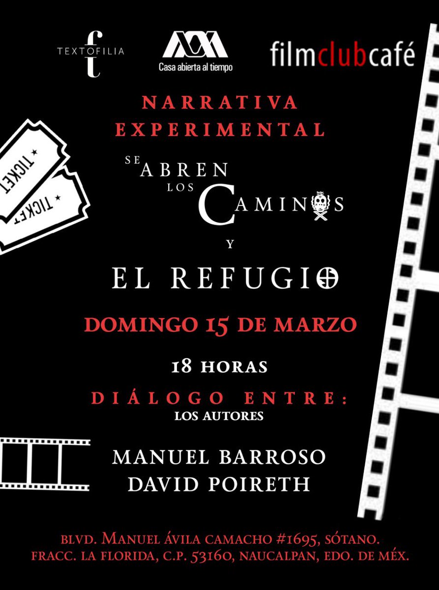TuitoPoireth's tweet photo. Vénganse a platicar de narrativa experimental conmigo y mi querido @manubch el 15 de marzo en el @filmclubcafe. Se va a poner bueno! https://t.co/8RgJtF9Yar