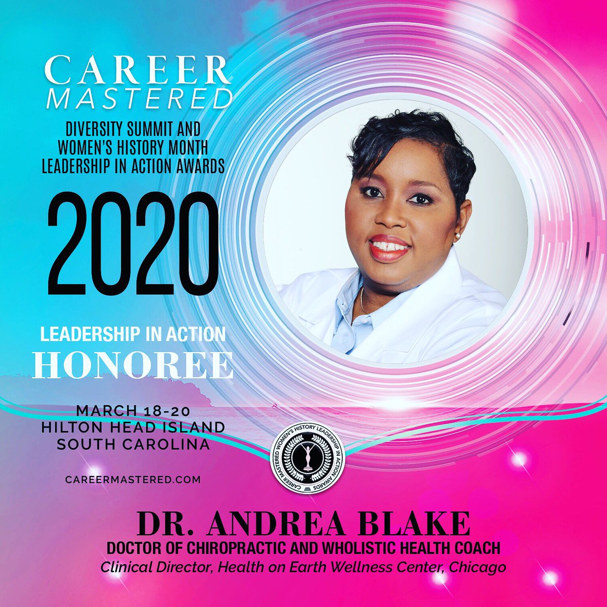 DrAndreaBlake's tweet photo. Career Mastered has chosen me as an honoree for their Women’s History Month Leadership in Action Award! #careermastered #womenshistorymonth #womeninbusiness #womensleadership #drandreaspeaks #holistichealth #healrestorerecharge #lifeforceenergy #chiropractic #chicagodoctor https://t.co/jW2QjoyPrH