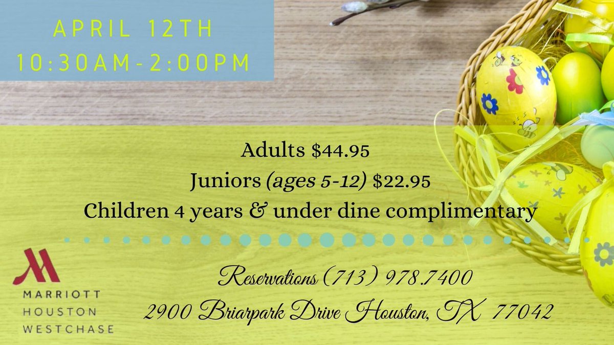You're cordially invited to join us for a delicious #ChampagneBrunch on Easter Sunday! 🥂 Now accepting reservations! (713) 978-7400 🌼 🐣 #HoustonMarriott #EasterBrunch bit.ly/2TqXvK9
