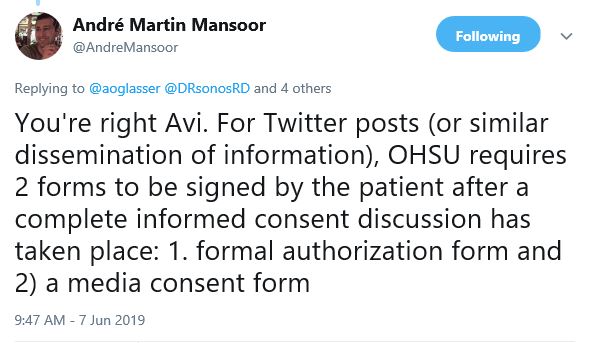 what if you cannot avoid patient-specific info, including images?GET CONSENT!and not just "shared with permission"--explicit consent about what will be shared & on what platform for what purpose @AndreMansoor has been very transparent about this https://twitter.com/AndreMansoor/status/1102449437937299457 19/N