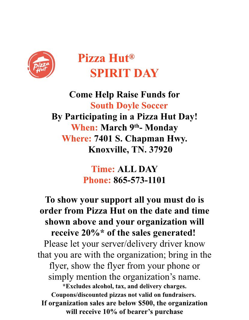 Come out to Pizza Hut on Chapman Highway across from Walmart to support the Cherokees on Monday! This is an all day event. Be sure to mention South Doyle Soccer! #GoKeez