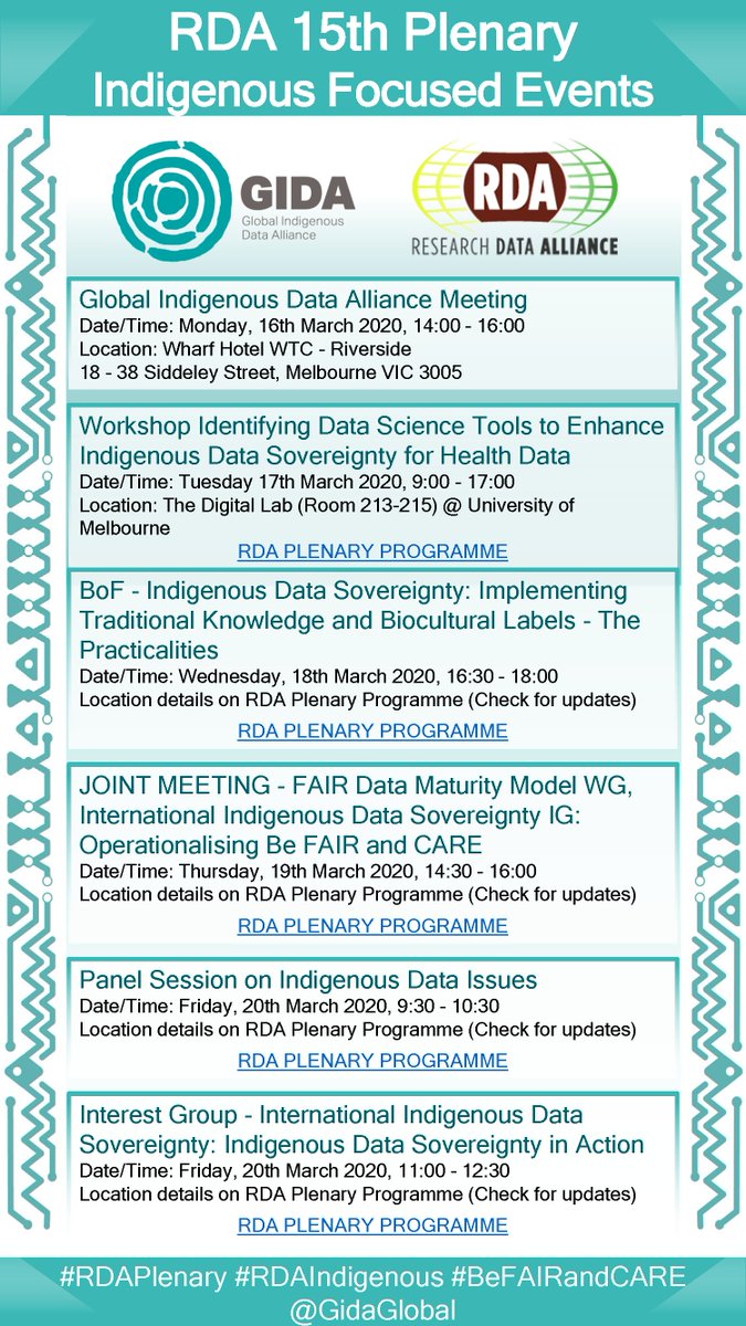 US Indigenous Data Sovereignty Network (@usidsn) on Twitter photo If you're attending <a href="/resdatall/">Research Data Alliance (RDA)</a> #RDAPlenary and interested in learning about Indigenous topics in relation to data, open data, data sharing, and ethics here is a breakdown of the #RDAIndigenous sessions #BeFAIRandCARE If you're attending <a href="/resdatall/">Research Data Alliance (RDA)</a> #RDAPlenary and interested in learning about Indigenous topics in relation to data, open data, data sharing, and ethics here is a breakdown of the #RDAIndigenous sessions #BeFAIRandCARE
