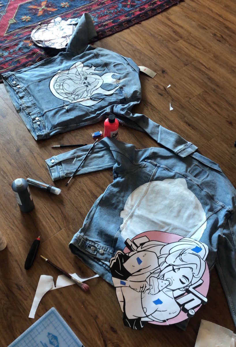 babsdraws's tweet photo. Action shot of my TWO hand painted original jean jackets for my @gallerynucleus #ULTRAMELON solo show tomorrow night!!!  ✨🍈✨ https://t.co/9BYDx05vhD