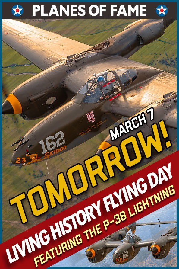 TOMORROW! 
Our March Living HIstory Flying Day Event featuring the P-38 Lightning! 
Join us at 10am for this event with special guest Francis Gary Powers, Jr.  Doors open at 9am with a flight demo by the P-38 at around noon!
