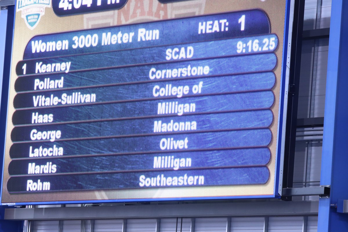 NAIA's tweet photo. Defending champion, Emily Kearney (SCAD), sets meet record in Friday's 3000m prelim, 9:16; will run in Saturday's final.  @SCAD_SavSports #NAIATrack #PlayNAIA https://t.co/zvmHSYfiJw