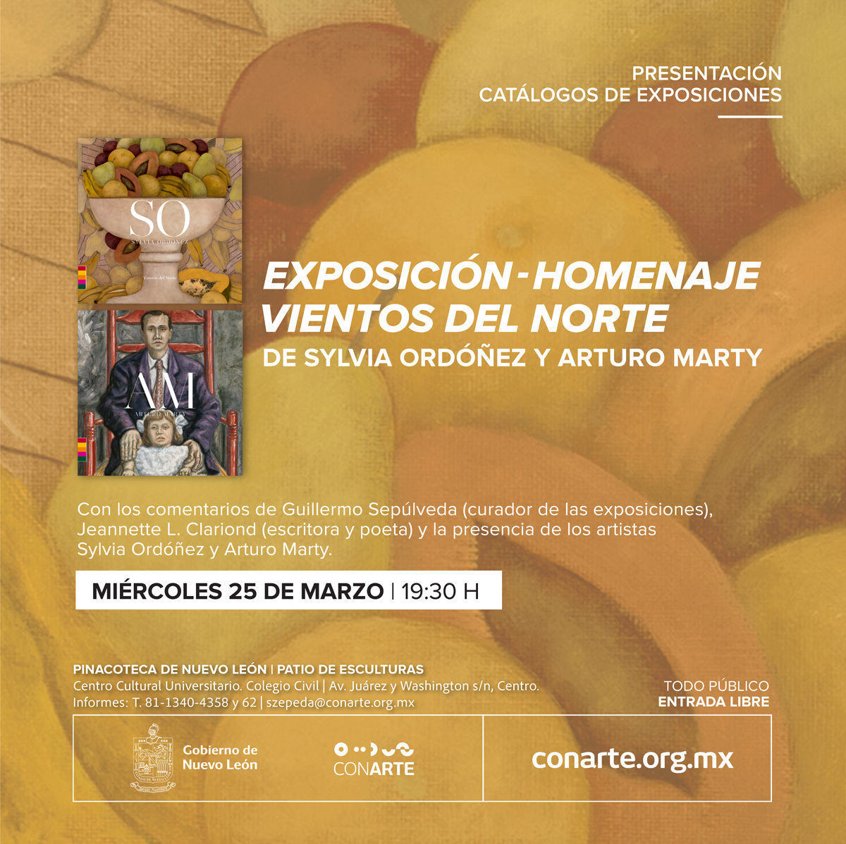 conartenl's tweet photo. Si visitaste nuestra exposición #VientosDelNorte y te enamoraste de las obras, ¡ahora te las podrás llevar a tu casa! Acompáñanos en el lanzamiento del catálogo de la exposición el 🗓️miércoles 25 de marzo a las ⏰19:30 h. 🎟️Entrada libre.
📍#PinacotecaNL #ExposicionesCONARTE https://t.co/EBiiGl3tf9