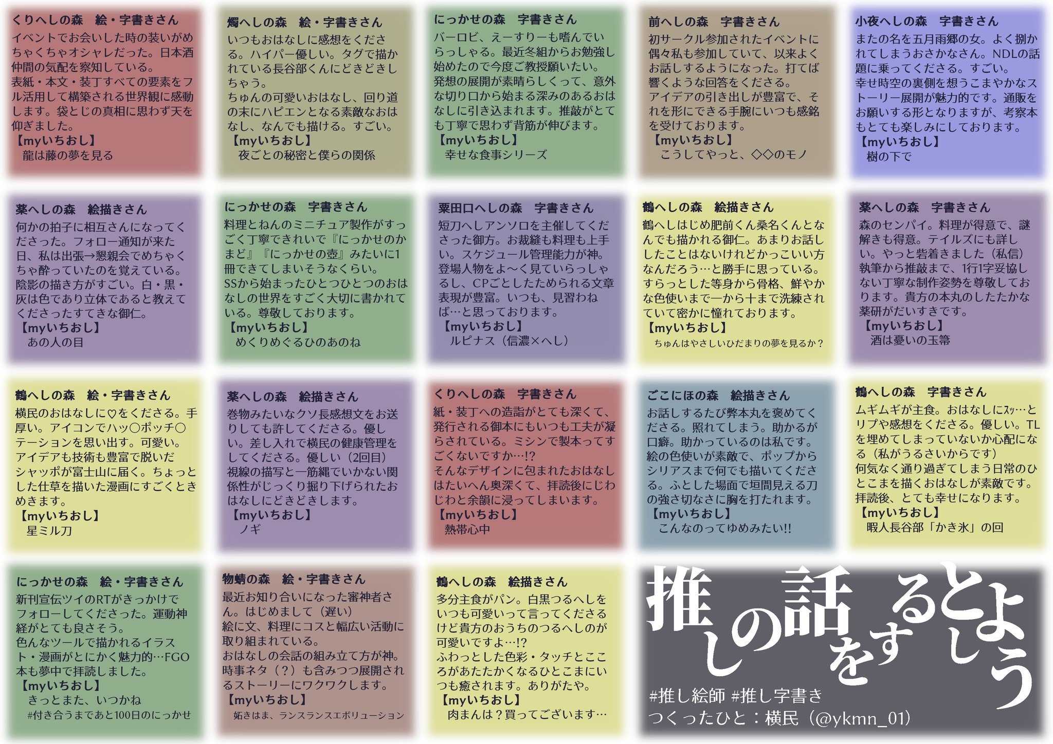 横民 11 28閃華 On Twitter 推しの話をするとしよう 個人的な 推し絵師 推し字書き さんをまとめさせていただきました 匿名方式 わかるひとにはわかる 広めにスペースとったんですけど知り合いさん全員は書ききれてないです ごめんなさい 素敵なおはなし