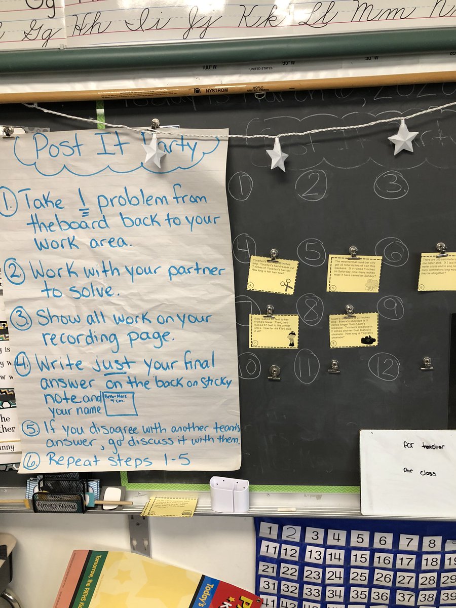 fcps_cangemi's tweet photo. I love a good Post It Party! Students worked with a partner to work through measurement story problems. They then met with groups who had a different answer to figure out the mistake.  There was some great math talk today. #bcesmath #starpower https://t.co/5LiaZMVKSp