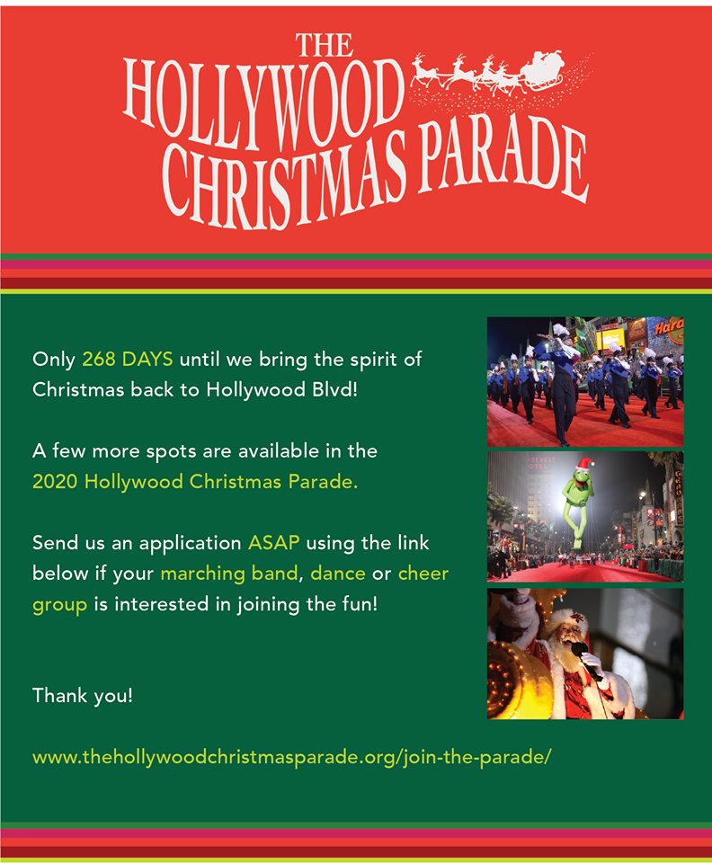 Attention Sponsors, Marching Bands, Dance Groups, Choirs &amp; Cheer Groups! Space IS available. This year the parade will be November 29th, 2020! thehollywoodchristmasparade.org/join-the-parad… 🎄🦌🦌