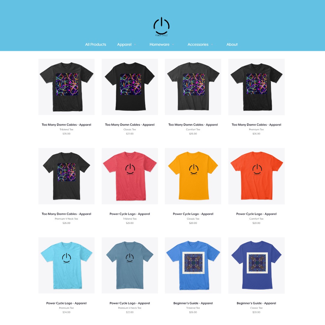 PowerCycleMusic's tweet image. We have stuff available on Teespring! You can get a shirt with a bunch of cables on it, or you can get a sticker that tells people to turn it off and on again! Check it out! 
teespring.com/stores/powercy…