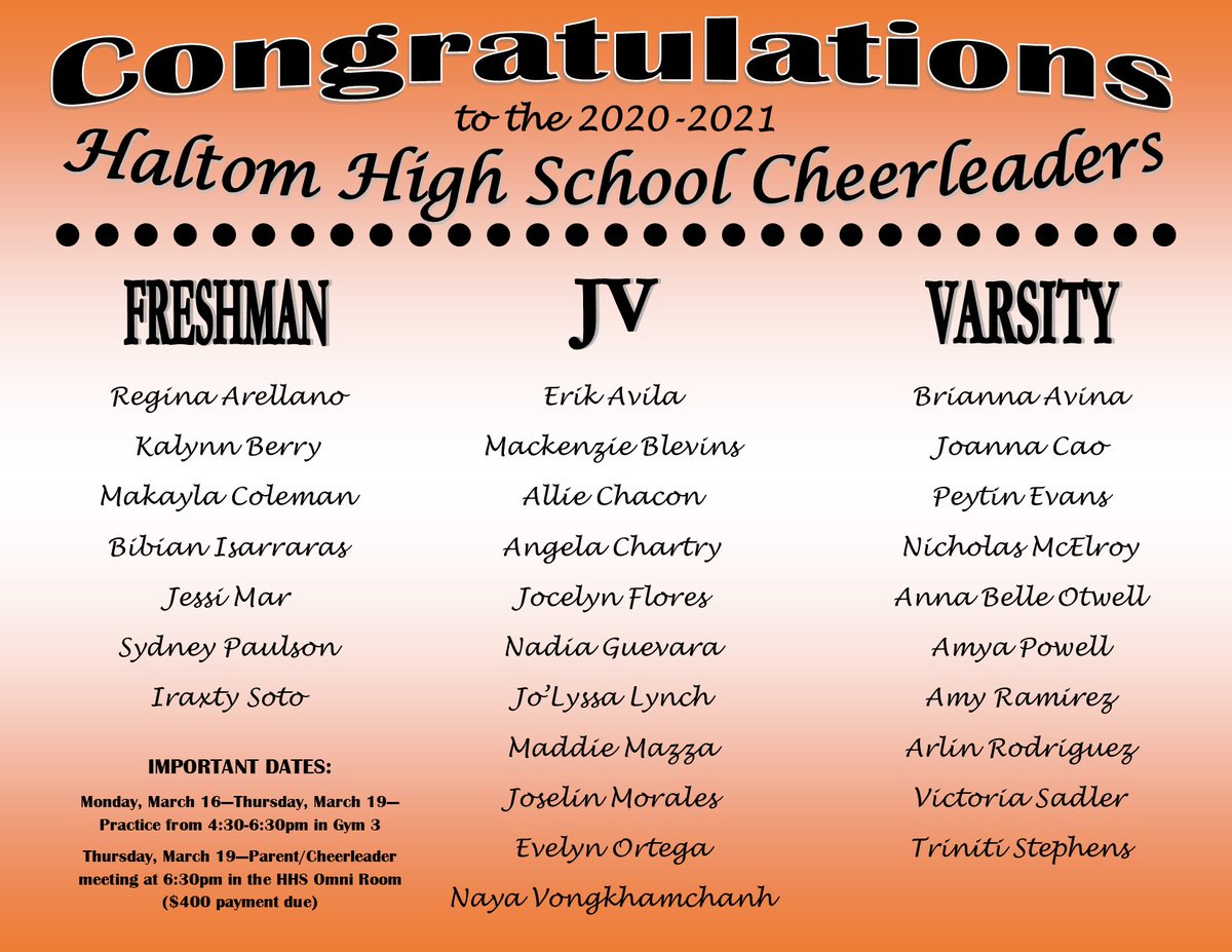 haltomhighcheer's tweet photo. Congratulations to the 2020-2021 HHS cheerleaders! We're so excited for another successful year! Go Buffs! 🧡🖤 https://t.co/26Qf3jy4lM