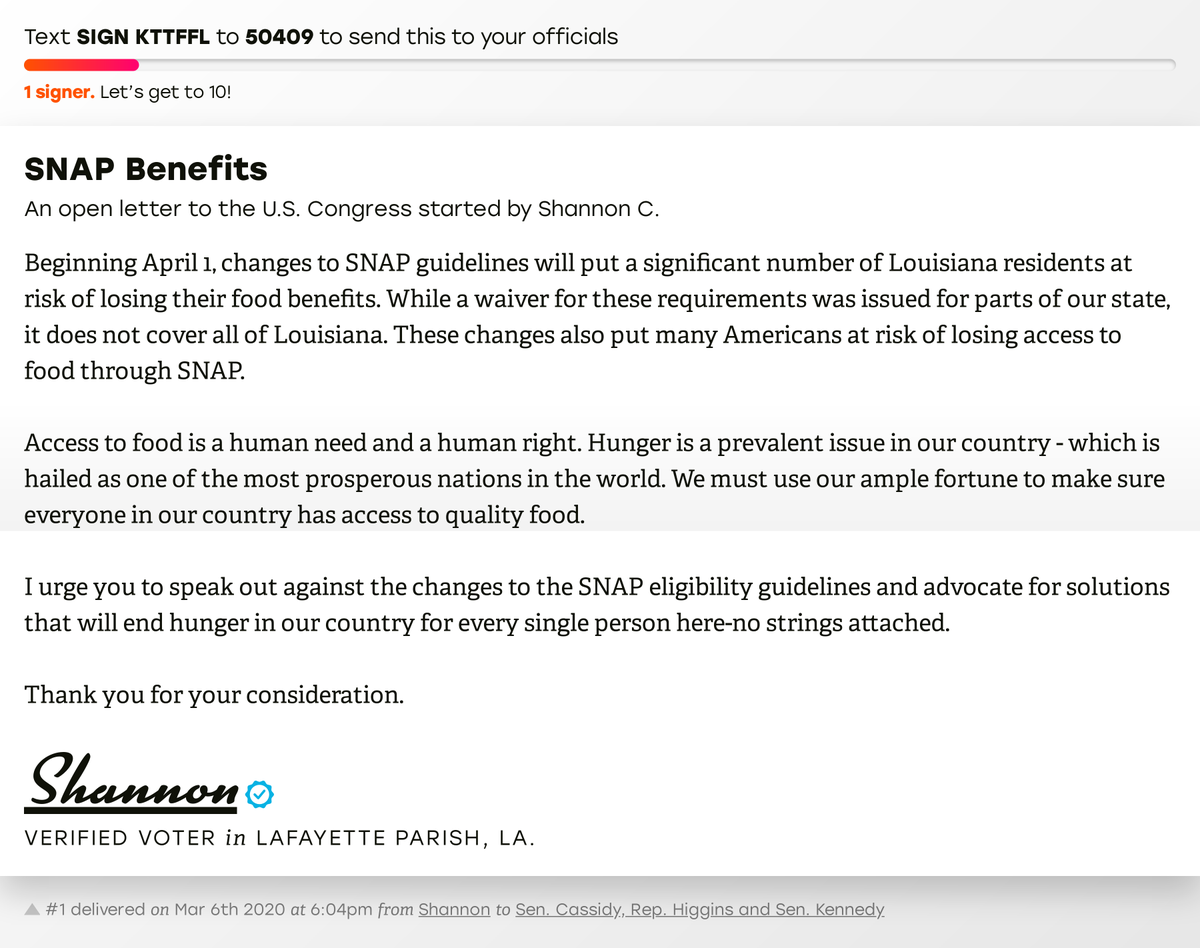 openletterbot's tweet photo. 🖋 Support Shannon in Lafayette, La. by signing “SNAP Benefits” and I’ll deliver a copy to your officials too: https://t.co/ktS9aXq0VR

📨 Last delivered to @BillCassidy, @RepClayHiggins and @SenJohnKennedy #LA03 #LApol https://t.co/w4nH7Ee33x