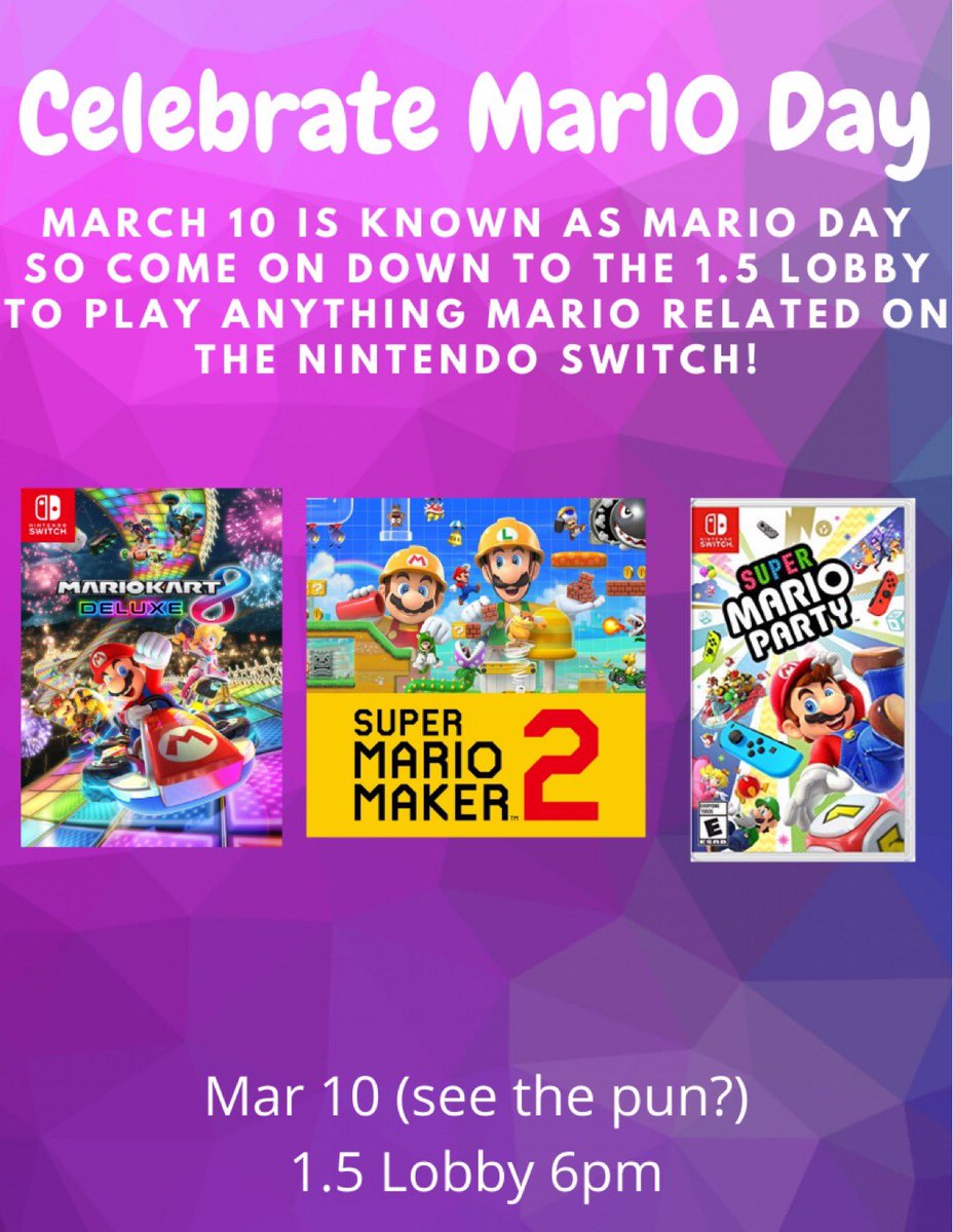 Come celebrate Mario Day with Sterry! 🎉🎉❤️ in the 1.5 lobby this upcoming Tuesday! Get ready to enjoy a good game!