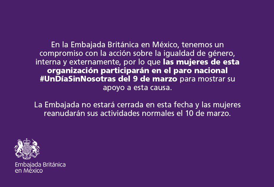 Las mujeres de la Embajada Británica en México formarán parte del paro nacional #UnDíaSInNosotras.
