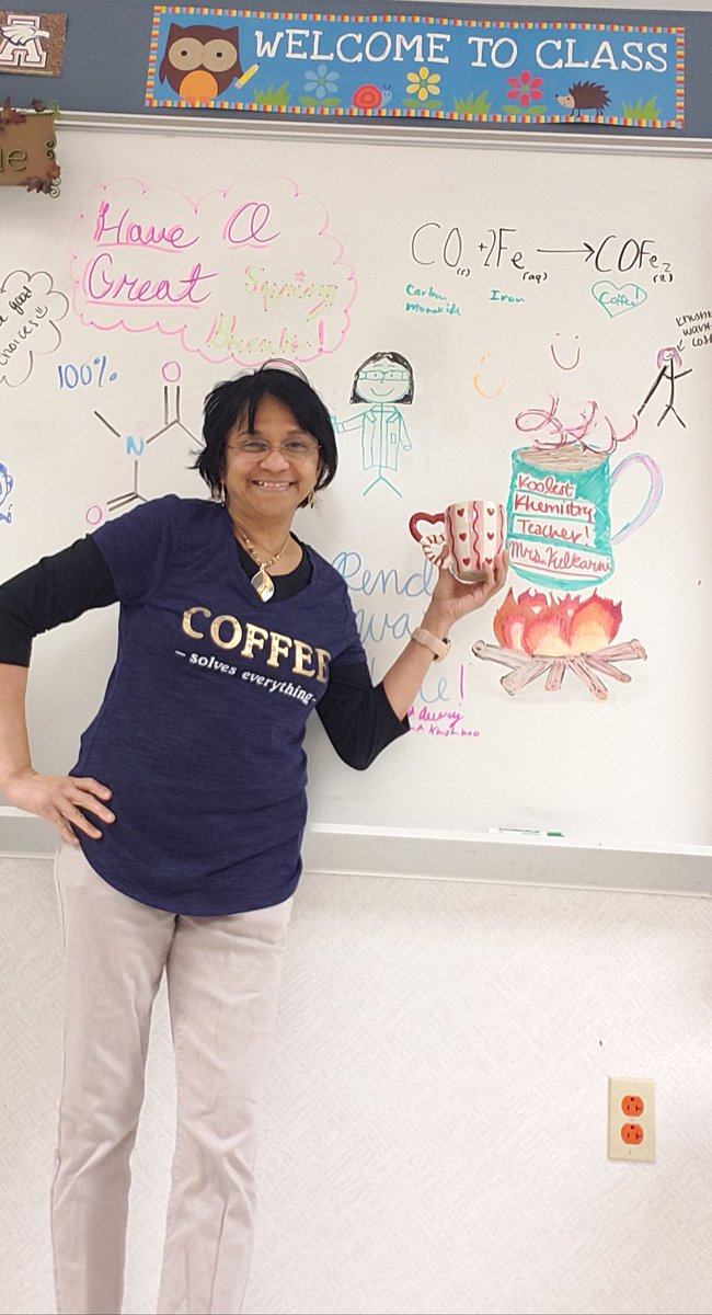 SandyKulkarnee's tweet photo. This was so sweet! My students decorated my classroom board to wish #HappySpringBreak, made sure their #KOOLEST #ChemistryTeacher #ProudTeacher gets a personalized art mug with a treat of virtual #COFe2. I am certain they know a lot about me and also #FunChemistry with #Coffee https://t.co/CicznqAxqL