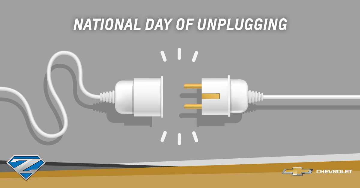 ZeckChevrolet's tweet photo. In honor of #NationalDayofUnplugging, we encourage everyone to turn off their electronics and live in the moment today. Some great activities we encourage are spending time outdoors, going to visit friends and family, or take a drive on your favorite road! https://t.co/WvZeFEXDNw