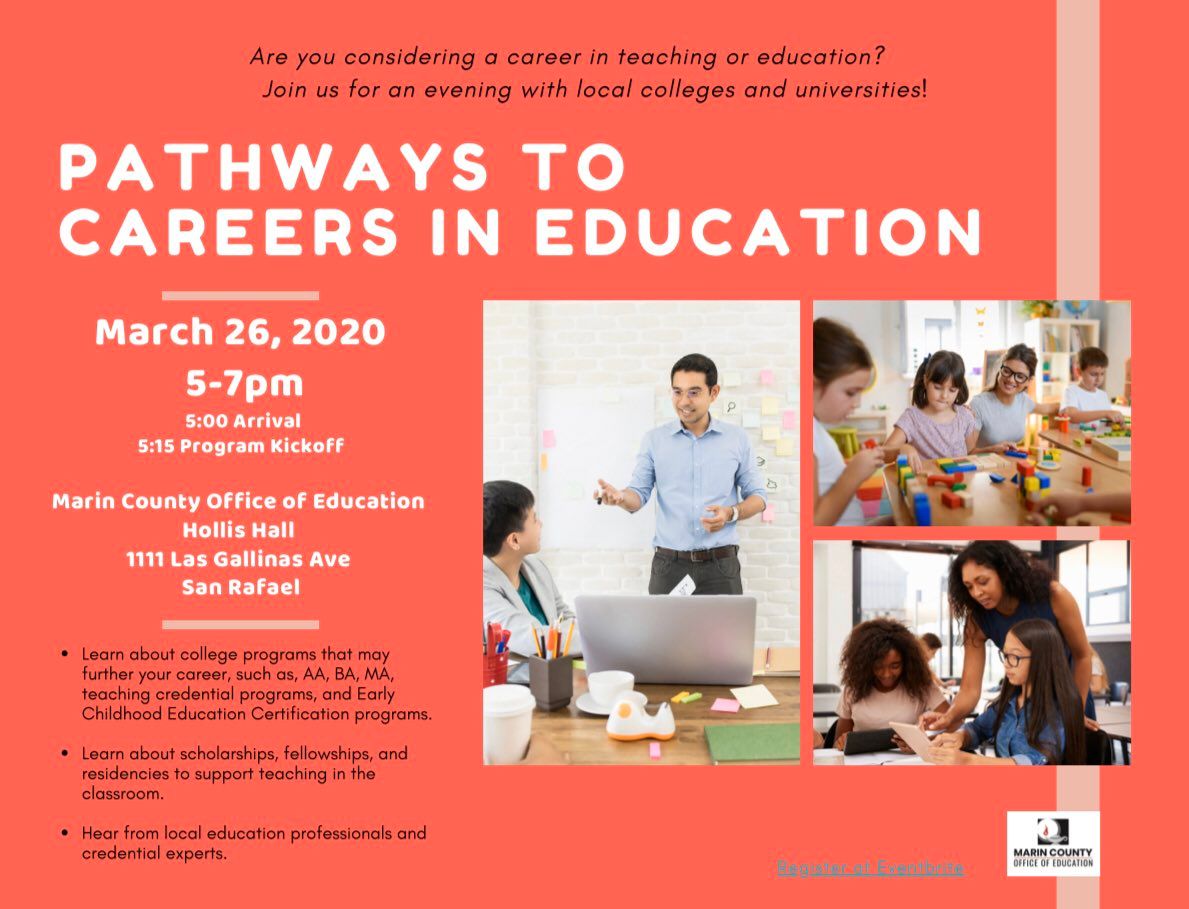 Have you considered a #career in education but don't know how to make it happen? Join us for Pathways to Careers in Education on March 26 from 5-7pm Learn about credentialing &amp; certification programs. #marincounty #education #makeadifference  buff.ly/2TjSodg