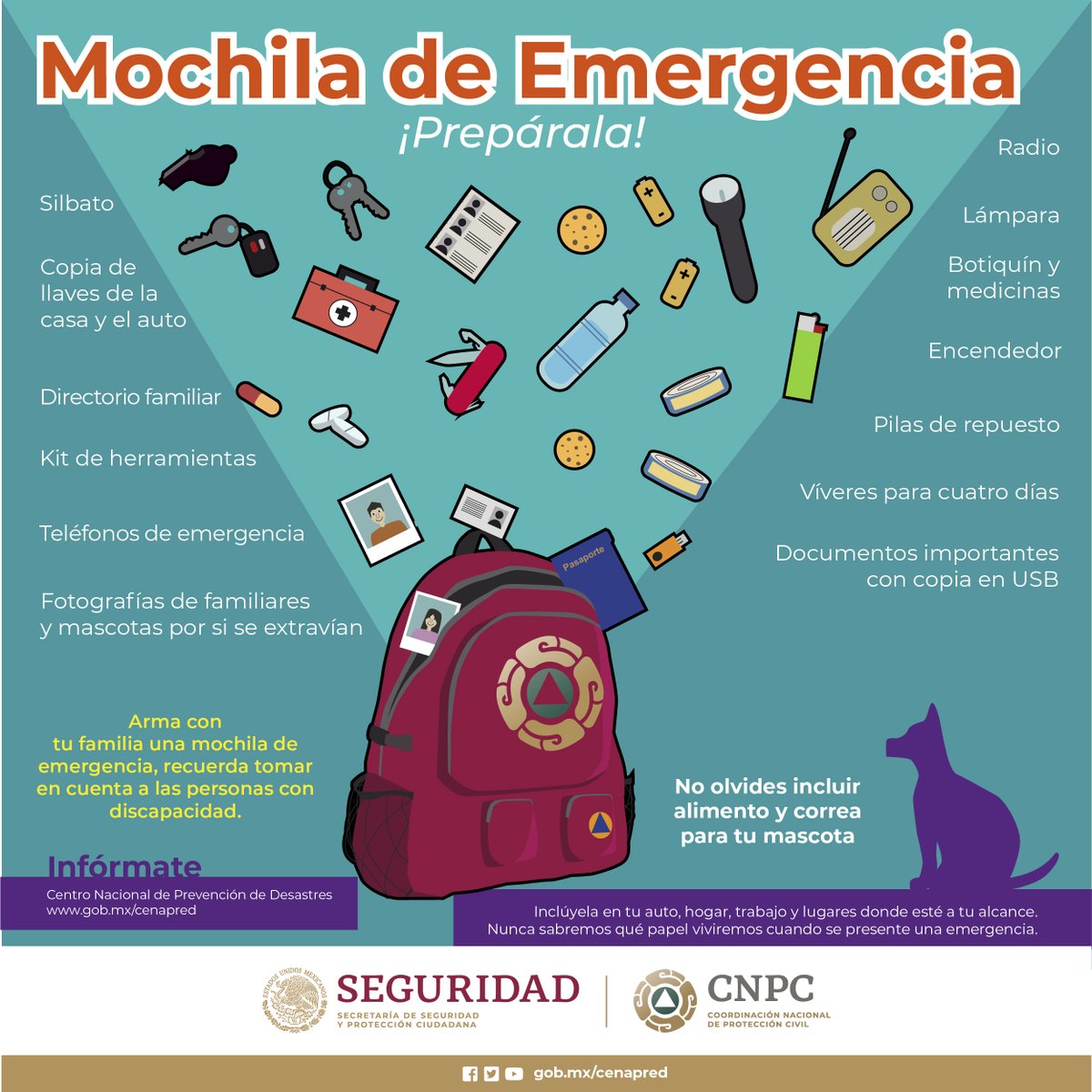 Recuerda que como parte de tu plan familiar debes preparar tu #MochilaDeEmergencia 🎒.
¿Qué necesita tener?

-Documentos importantes.📋
-Directorio📒
-Víveres enlatados y agua embotellada🥫
-Botiquín💼
-Herramienta🛠
-Radio y linterna con pilas🔦