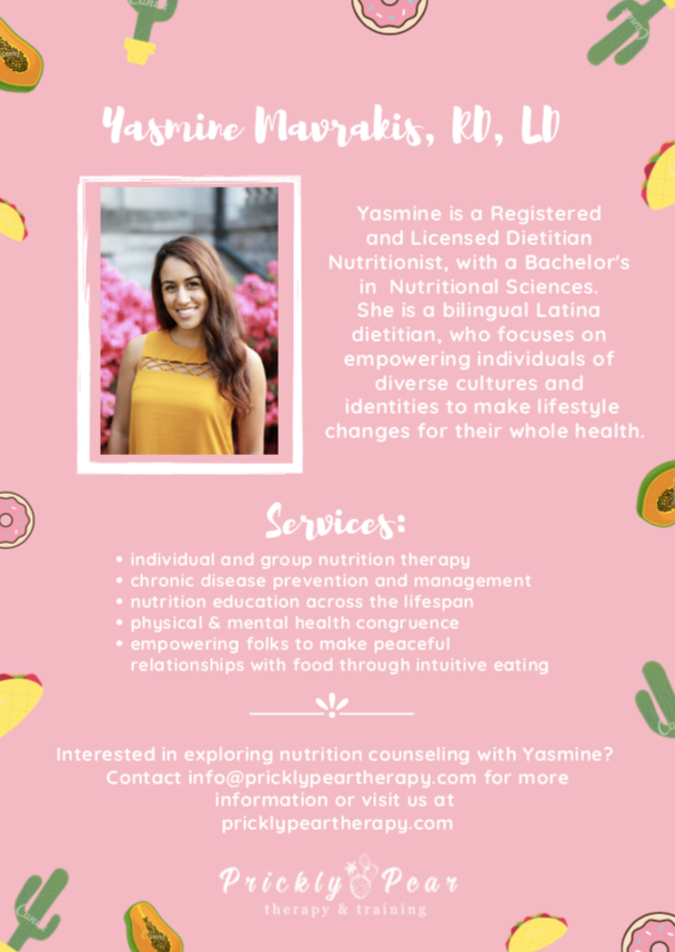 pricklytherapy's tweet photo. Are you interested in nutritional counseling with Yasmine? For more information visit our website or contact us at info@pricklypeartherapy.com https://t.co/SnKb54JIuD