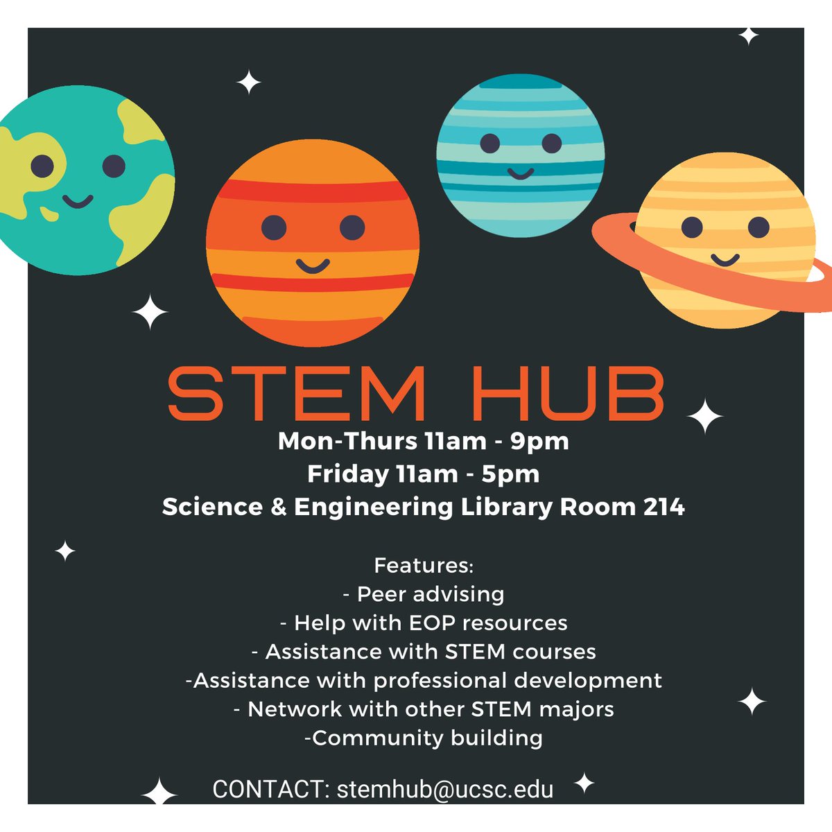 UCSCLibrary's tweet photo. Come check out the STEM hub on the main floor of the Science & Engineering Library - room 214. Open Monday-Friday, the hub offers students extra resources, networking opportunity, course help, and community building within STEM!๐ฌโ๏ธ๐ญ #UCSC #UCSCLibraries #UCSCStem https://t.co/F2R95Ib47U