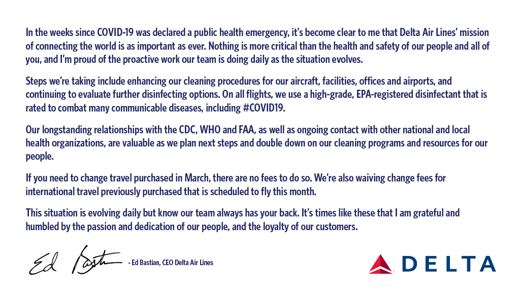 A note from Delta CEO Ed Bastian.

Learn more about our response to Covid-19 (coronavirus): dl.aero/6018Tju44