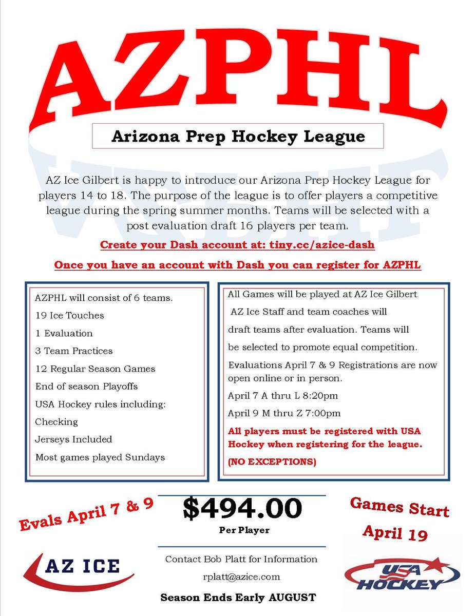 Registration is now open for the AZPHL. All registrations are done on our new Dash system so create your account now! This league fills up quick so register today!