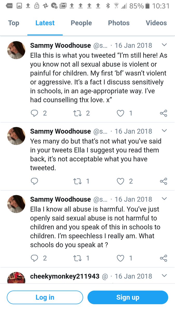 After I challenged her on what she said, Ella tweeted that not all sexual abuse is violent or harmful to children. She then deleted the tweet but Sammy wrote it out word for word in a response. This really worried me. Sammy also showed concern at this comment. 14/