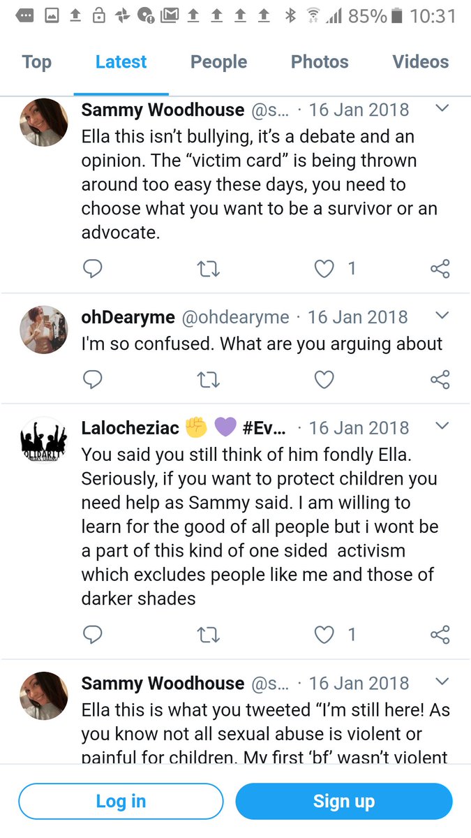 After I challenged her on what she said, Ella tweeted that not all sexual abuse is violent or harmful to children. She then deleted the tweet but Sammy wrote it out word for word in a response. This really worried me. Sammy also showed concern at this comment. 14/