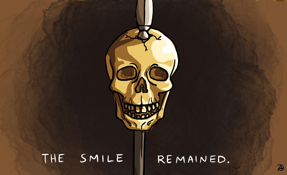 'Blackheart. Myles Toyne had been so full of life the last time Griff had left him, it was hard to accept that he was gone. A golden skull atop a pole, and Homeless Harry Strickland in his place. '

#ASOIAF #jonconnington