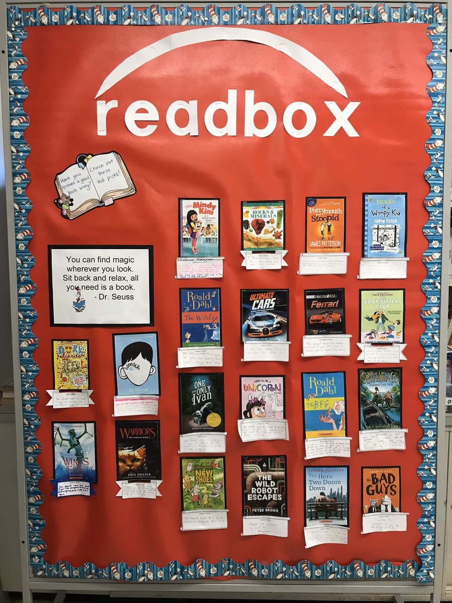 ErinG722's tweet photo. My kids and I created a bulletin board to share at School Meeting today! It was focused on a celebration of reading. What book would you have put in our Readbox?? #TeamFloral #ShrewsburyLearns https://t.co/L1KFMZwJwK