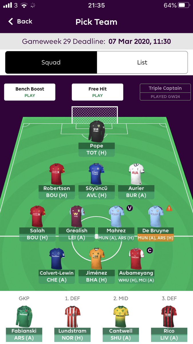 FPLTheHills's tweet photo. Made panic transfers on Wednesday night... Ings &amp; Mane >> Auba &amp; Mahrez... Purely due to DGW.

Initial plans were to get Bruno and Doherty in so hopefully going to break even! Both are a must... Soon... But when? 🤷🏻‍♂️ https://t.co/1M11mTWoOo