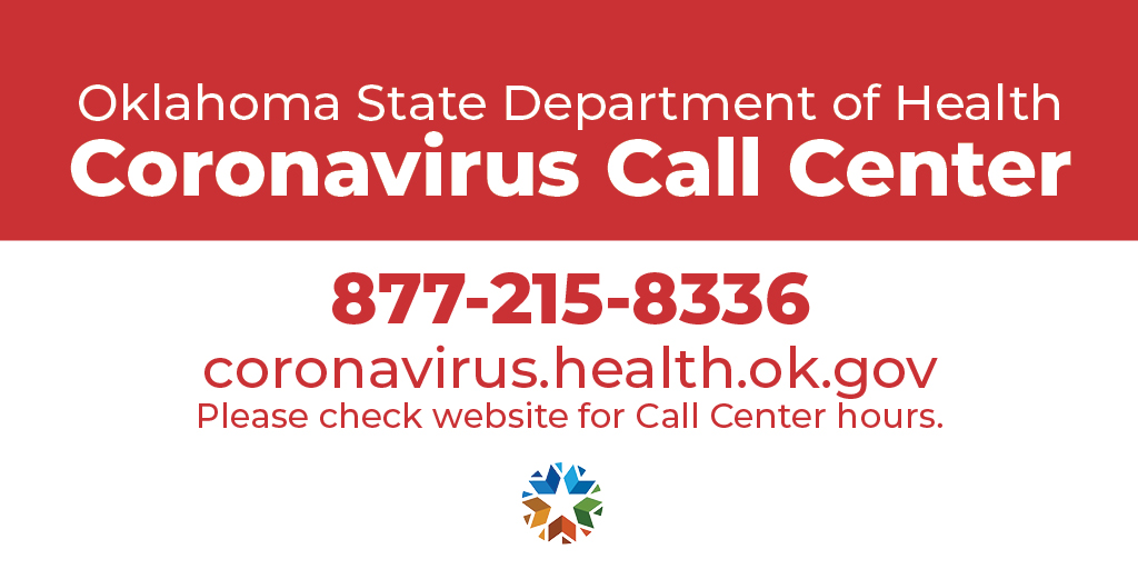 Coronavirus Call Center open today, March 6 until 7:00 pm.

Open Saturday, March 7, 9:00 am – 3:00 pm

Future Call Center hours will be updated soon at coronavirus.health.ok.gov.