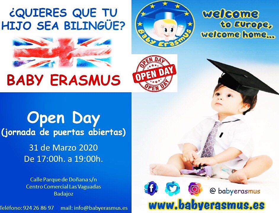 ¿Quieres que tu hijo sea bilingüe? ¡No te quedes sin plaza! Ven a visitarnos y te contamos como lo hacemos para que todos nuestros alumnos sean bilingües al finalizar su etapa infantil. Os esperamos todo el equipo de Baby Erasmus el próximo 31 de marzo de 17:00h. a 19:00h.