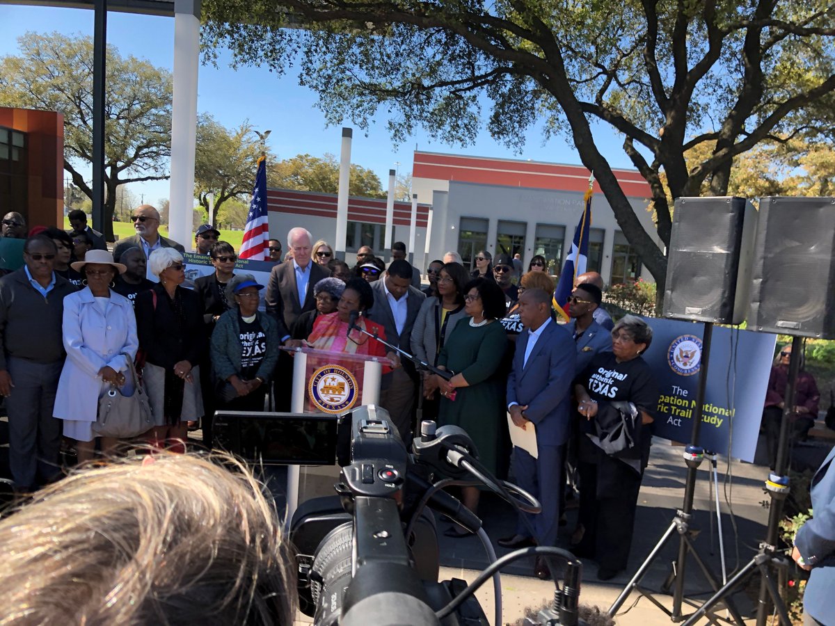 JacksonLeeTX18's tweet photo. (1 of 4) Today I, along with Senator @JohnCornyn, Mayor @SylvesterTurner, and a number of other elected and civic leaders announced the passage and creation of the National Historic Emancipation Trail Study Act which I authored and sponsored in the House and... https://t.co/OEj1P3F511