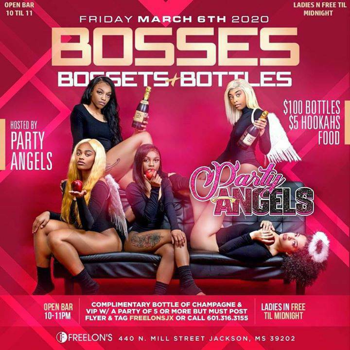 Bosses, Bossets and Bottles Fridays
Ladies Free Til Midnight
Open Bar 10-11
$100 Bottles all Night
Complimentary Bottle of Champagne W/ A party of 6 or more must
RSVP to 769 300 5303