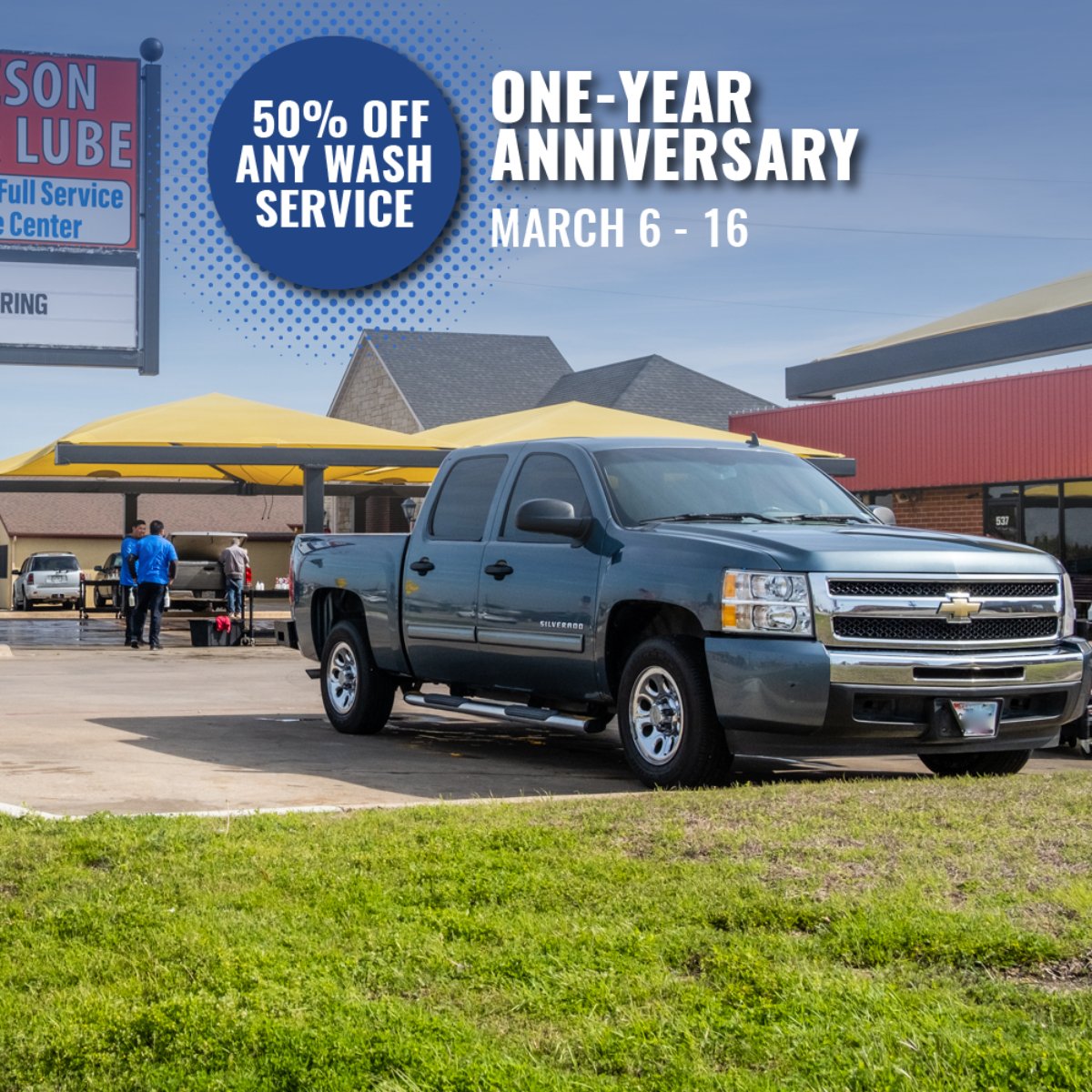 Help us celebrate our one-year anniversary! Stop by until Monday, March 16 to receive 50% off any wash service if you show us this post.