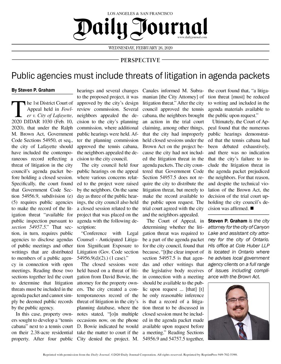 ColeHuberLLP's tweet photo. A recent appellate decision held that agency agendas must include backup for closed sessions about threatened litigation.  Our Steven Graham discusses this case in our latest Daily Journal column. https://t.co/3rqM1TTLa6