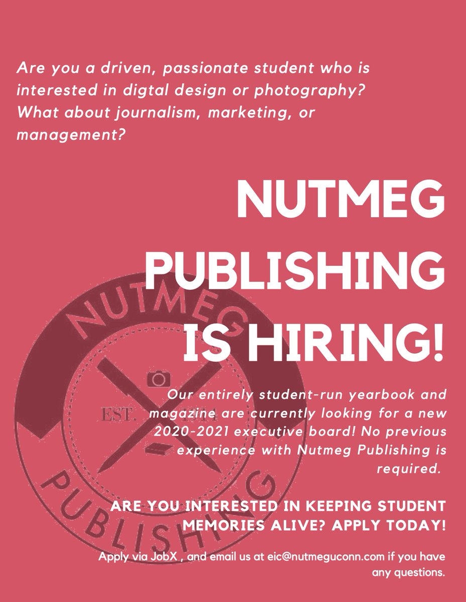 UCONNnutmeg's tweet photo. Join the Nutmeg family today! We are hiring executive board positions for the Fall 2020 semester, and we can't wait to hear from you! https://t.co/tQ0qJmQCIb