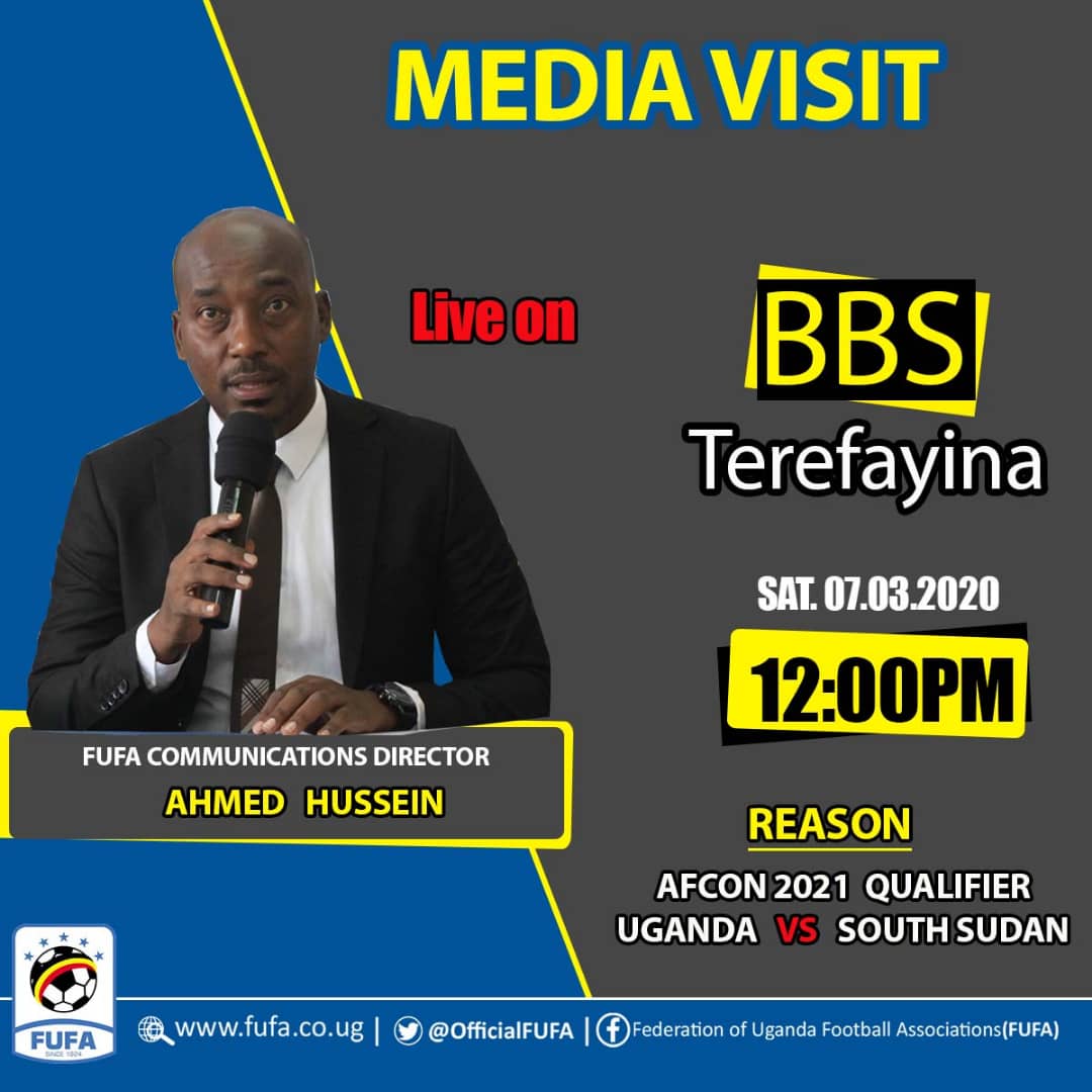 OfficialFUFA's tweet photo. FUFA Communications Director @AhmedMarsha will be hosted live today on @bbstvug talking about 2021 AFCON Qualifier encounter between Uganda and South Sudan
#UGASSD #TheRoadIsClear https://t.co/ppX4bVpBAI