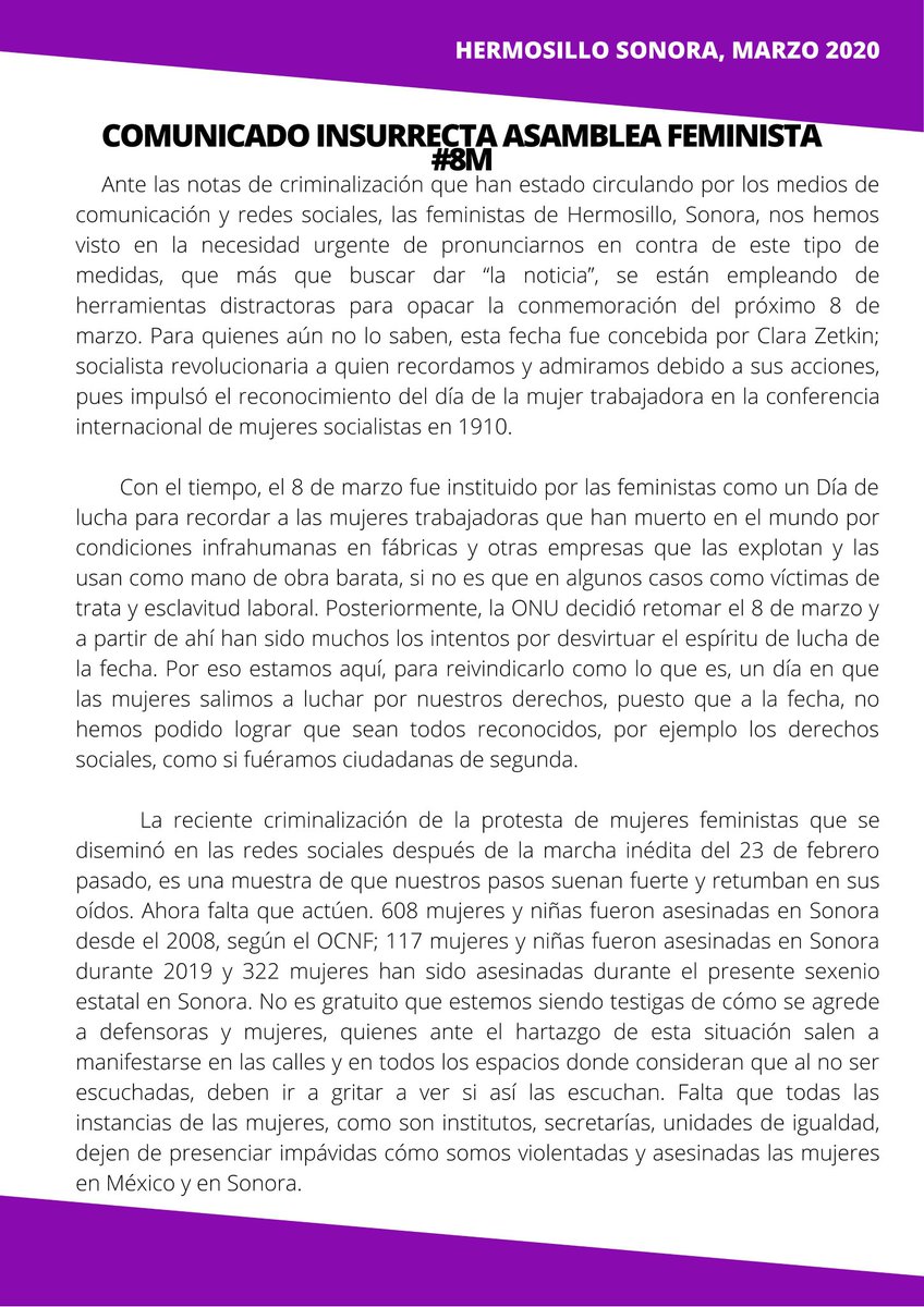 pyrsonora's tweet photo. Les compartimos el comunicado oficial de la asamblea conformada por varias colectivas feministas de Hermosillo, Sonora. 
Rumbo al #8M https://t.co/93lXjy2NKk