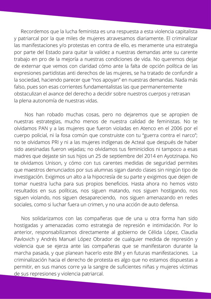 pyrsonora's tweet photo. Les compartimos el comunicado oficial de la asamblea conformada por varias colectivas feministas de Hermosillo, Sonora. 
Rumbo al #8M https://t.co/93lXjy2NKk