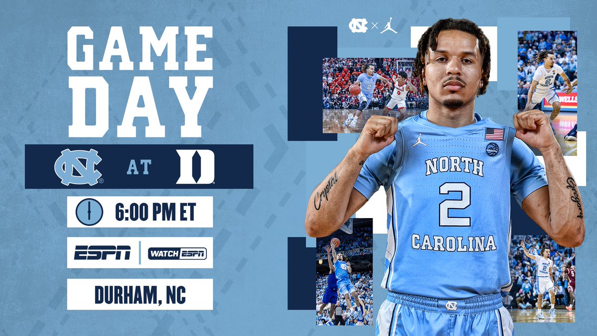 UNC_Basketball's tweet photo. GAMEDAY 🆚 Duke

🕕: 6:00 PM ET
📺: ESPN
💻: WatchESPN ➡ https://t.co/vuzpWQauhl
📻: 97.9 FM / @tunein app
📊: https://t.co/j403cXE0Ts

#CarolinaFamily https://t.co/mjWUbr0siD