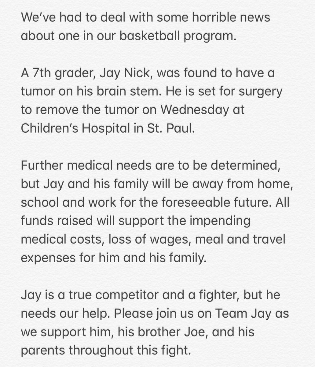 PLEASE RETWEET!!! 

We’ve had to deal with some horrible news about one in our basketball program. 

Please consider joining Team Jay in his fight! 

gofundme.com/f/team-jay-nick