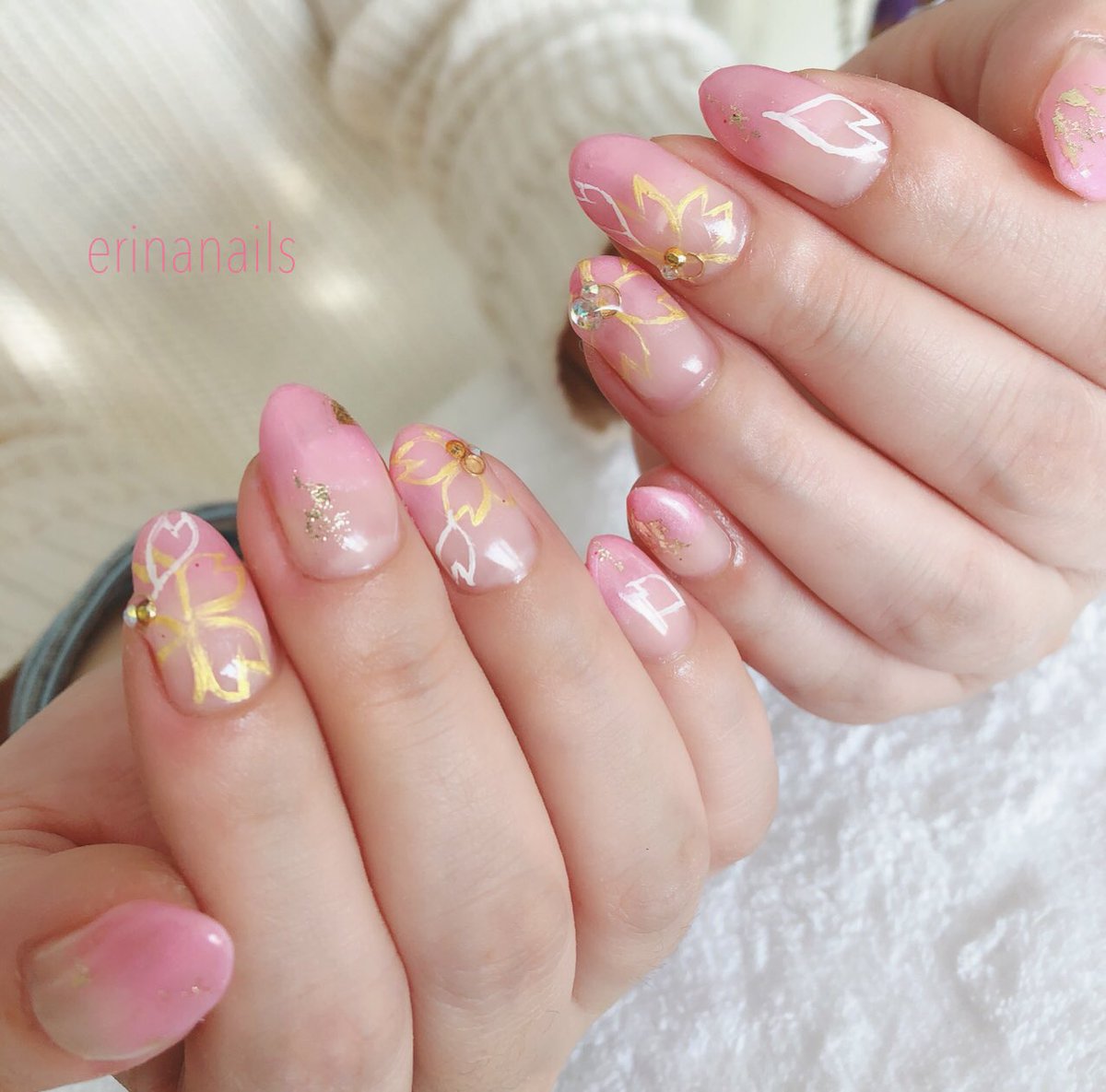 能代市ネイルサロンerina Nails 桜ネイル ピンクグラデーションを淡いからーで 能代ネイル
