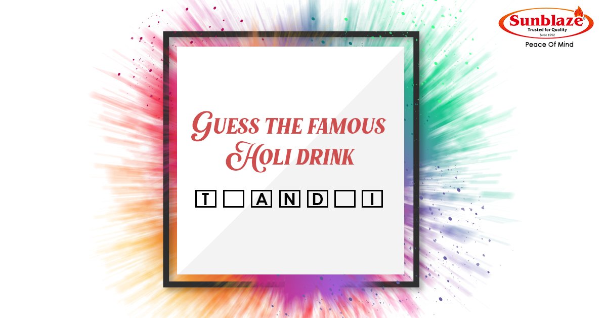 sunblazeproduct's tweet image. Hint: It is an exclusive Holi drink made with saffron, almonds, sugar, milk and a special variety of herbs. 

#Sunblaze #PeaceOfMind #MissingLetter  #SolveThePuzzle
#holi #holifestival #happyholi #festivalholi #bhang #colors #holipowder #rangde #rang #gujiya #laddu #indiancuisine