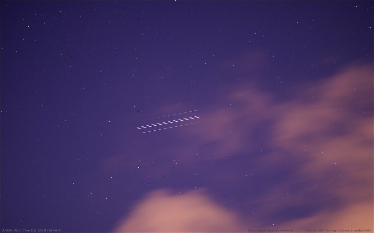 The <a href="/SpaceX/">SpaceX</a> #Dragon #CRS20 imaged passing in morning twilight from #Leiden, Netherlands, some 23 minutes after launch.
Visible are: the Falcon 9 upper stage and the DRagon (brightest objects center) and two tumbling solar panel covers flanking them. 2 second exposure 85 mm lens.