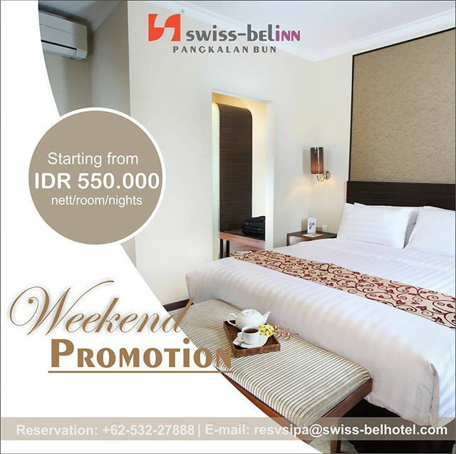 Get your weekend best room rates at Swiss-belinn Pangkalan Bun.

Starting from IDR 550.000 Room/Nights
- Welcome drink upon check-in
- Free access to wifi
- Free breakfast for 2 persons
- Free access to swimming pool
- Discount 15% for spa
- Discount 15% for F&amp;B
- Discount 1…