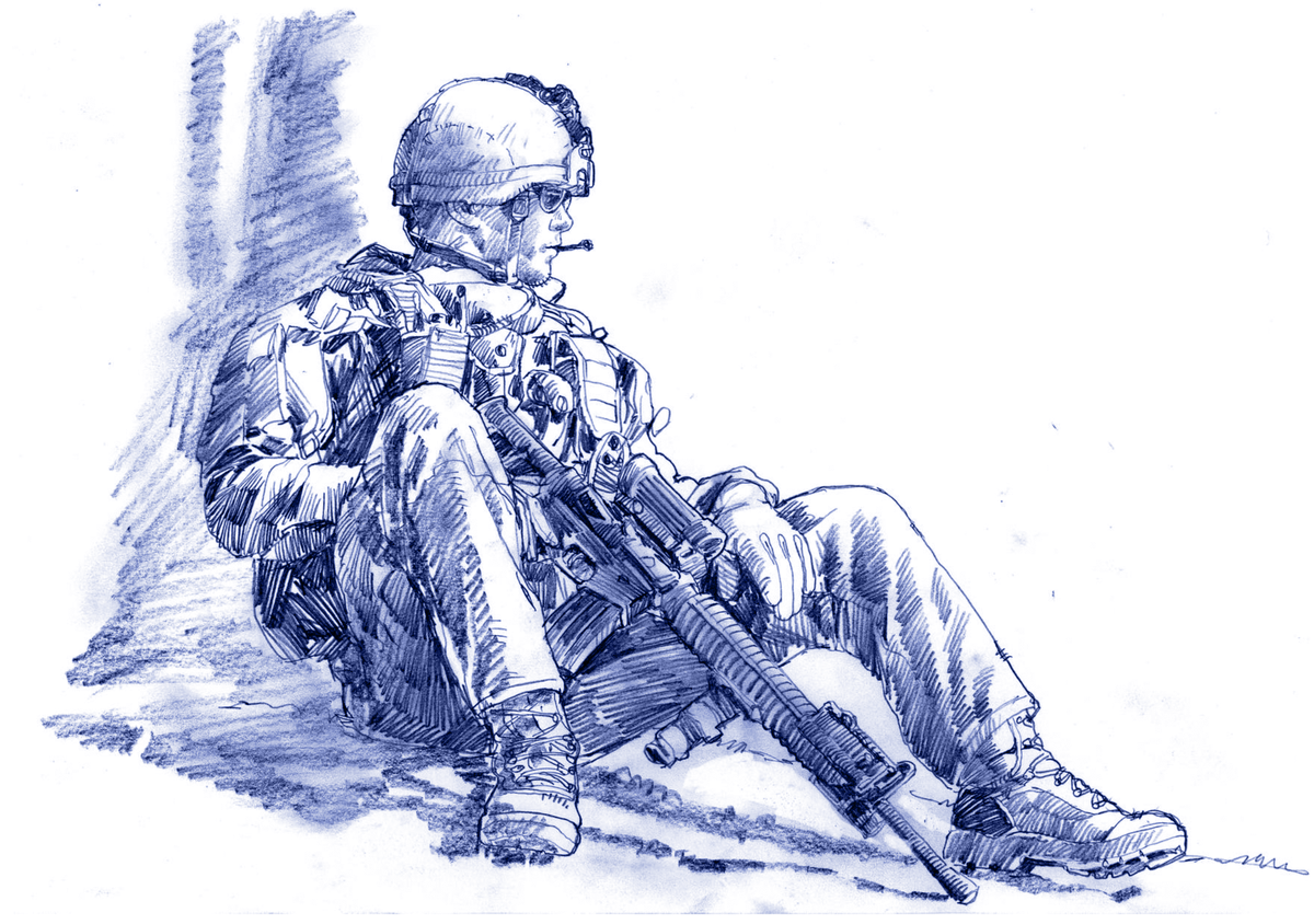 newsillustrator's tweet photo. Sold one of my sketches to a collector in Canada. This one is from 2010 as a soldier with R22R le Vingt-deuxième takes a break during a stop and frisk foot patrol out of COP Najet @USMC @MarineMuseum @MarineCorpsFdn @CorpsHistory @rcr @RoyalMarines #vandoos @CAFinUS @CanWarMuseum https://t.co/hcoFFIt9r1