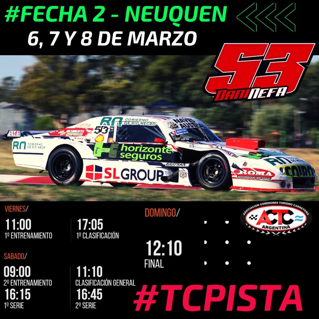 #TCPista #fecha2 Horarios de este finde en la Provincia de Neuquén - Autódromo Centenario <a href="/actcargentina/">Turismo Carretera ACTC</a> <a href="/Dole_Racing/">Coiro Dole Racing</a> <a href="/horizonteseg/">Horizonte Seguros</a> #slgroup #navesaustrales <a href="/AlePalmieriRN/">Alejandro Palmieri</a>