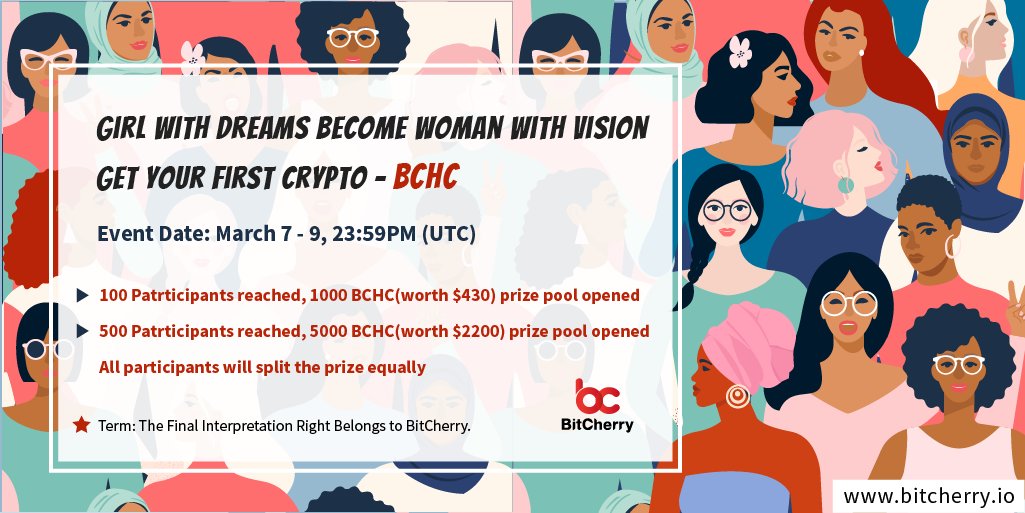 BitCherryGlobal's tweet photo. 🥰Girl with dreams become Woman with Vision, Let‘s Celebrate Women Day with 🍒#BitCherryCherries, 5000 BCHC(worth $2200) Prize is waiting for you!
1⃣Follow @BitCherryGlobal + Retweet Post
2⃣Comment your wishes & tag 2 friends, We'll pick 1 lucky winner to win the Extra 100BCHC https://t.co/0TNJE8oY6U